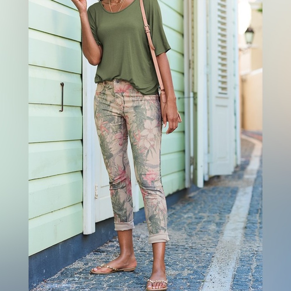 Green and Tan Cropped Ankle Jeans with Distressed Details